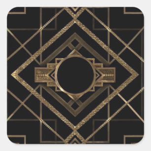 Gold, Schwarz, Art Deko, Jugendstil, Vintag, elega Quadratischer Aufkleber