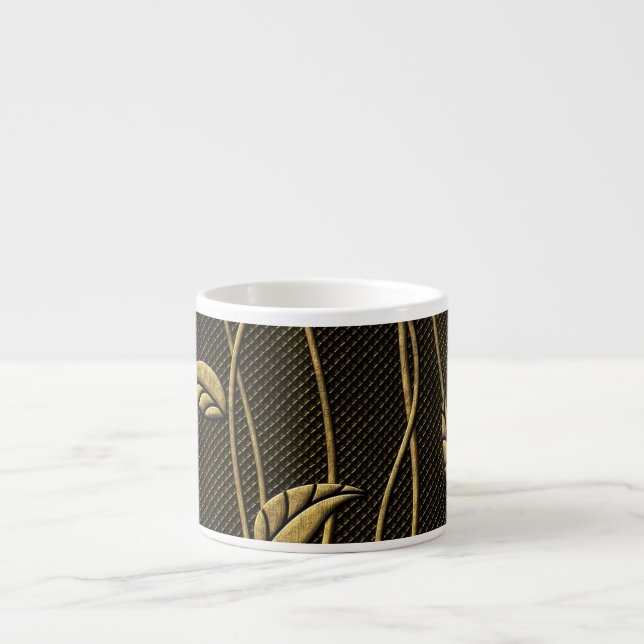 Gold & Schwarz: Blätter 3D Textur. Espressotasse (Vorderseite)