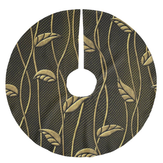 Gold & Schwarz: Blätter 3D Textur. Polyester Weihnachtsbaumdecke (Vorderseite)