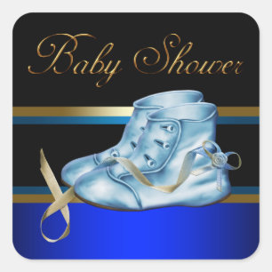 Gold Schwarz Blaue Baby Babyschuhe Junge Dusche Au Quadratischer Aufkleber