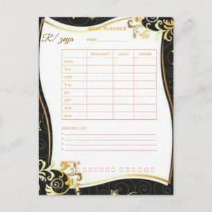 Gold Schwarz Blumen Mahlzeitenplaner Wasserfarbe & Postkarte
