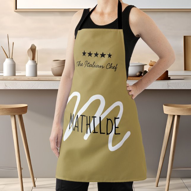 Gold-Schwarz-Chef-Monogramm Moderne Name Schürze (Chef Monogram Gold Black Modern Typography Name Apron)