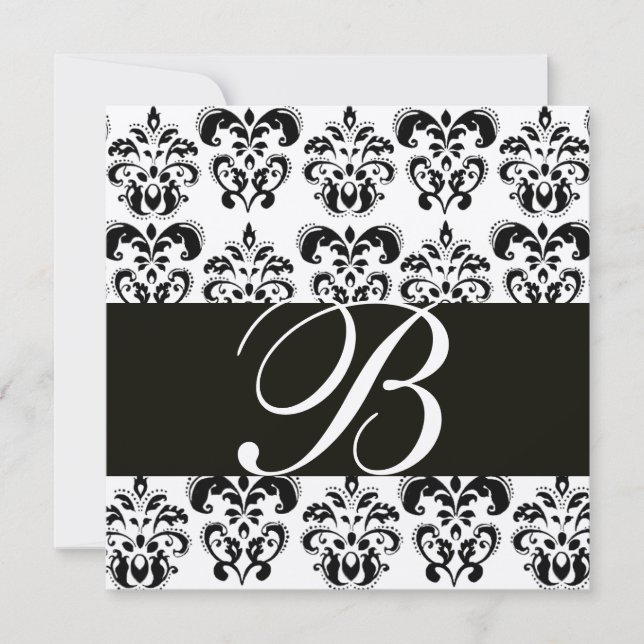 GOLD & SCHWARZ-DAMASK-MONOGRAMM, weiß Einladung (Vorderseite)