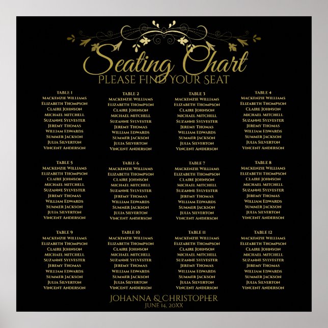 Gold & Schwarz Einfache 12 Tisch Hochzeitskarte Poster (Vorne)