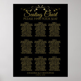 Gold & Schwarz Einfache 9-Tisch-Hochzeits-Sitzordn Poster
