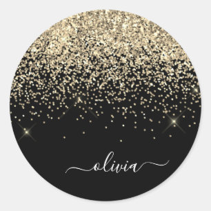 Gold Schwarz Girly Glitter Funkeln Monogramm Name Runder Aufkleber
