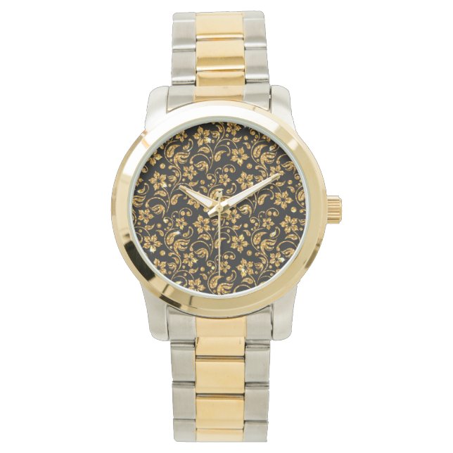 Gold Schwarz Glossy Floral Armbanduhr (Vorderseite)