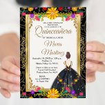 Gold Schwarz mit mexikanischen Blume Quinceañera Einladung<br><div class="desc">Gold Black mit mexikanischen Blume Quinceañera Einladung Mis Quince Anos,  15. Geburtstag, </div>