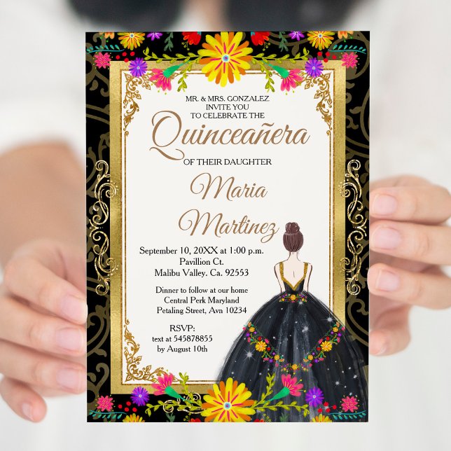 Gold Schwarz mit mexikanischen Blume Quinceañera Einladung (Von Creator hochgeladen)