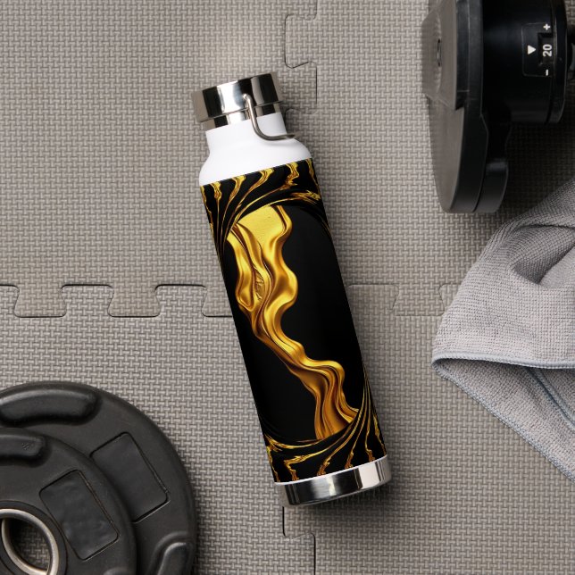 Gold Schwarz Monochrom Achempo Opulent Swirl Flüss Trinkflasche (Fitnessstudio (gedreht))