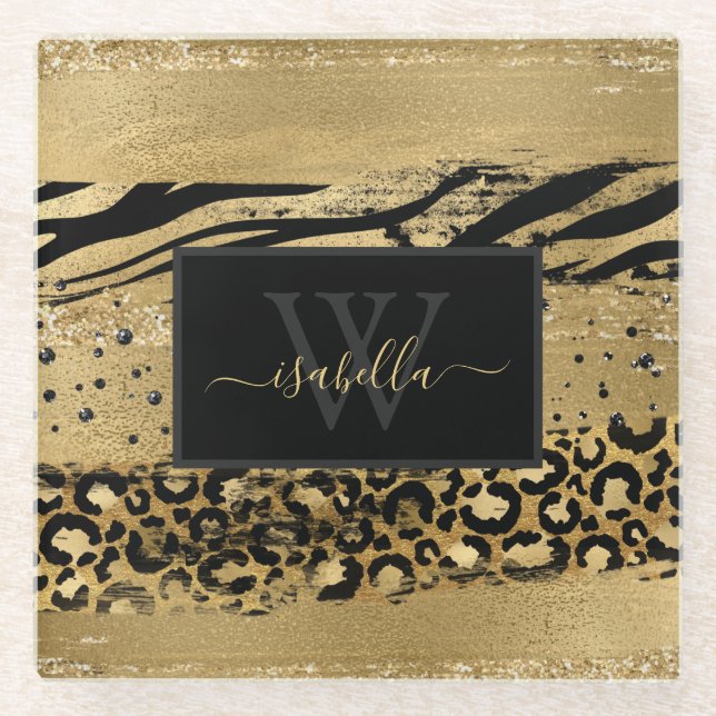Gold Schwarz Monogramm Glasuntersetzer (Vorderseite)