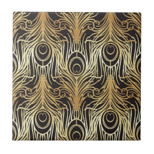 Gold, Schwarz,Pfauenmuster,Art Nouveau,alt, Fliese