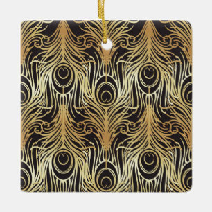 Gold, Schwarz, Pfauenmuster, Jugendstil, Vintag Keramikornament