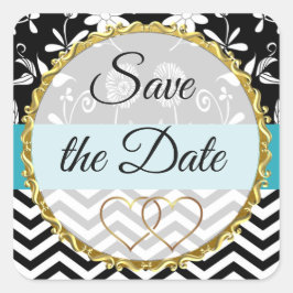 Gold-, Schwarz- und Blütenkleber Save the Date Quadratischer Aufkleber