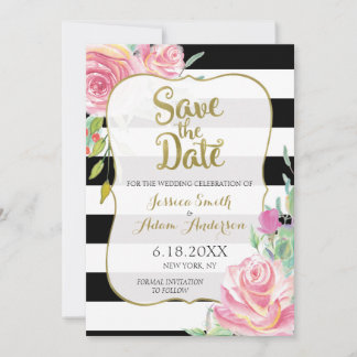 Gold, Schwarz und Weiß Streifen Save the Date blas