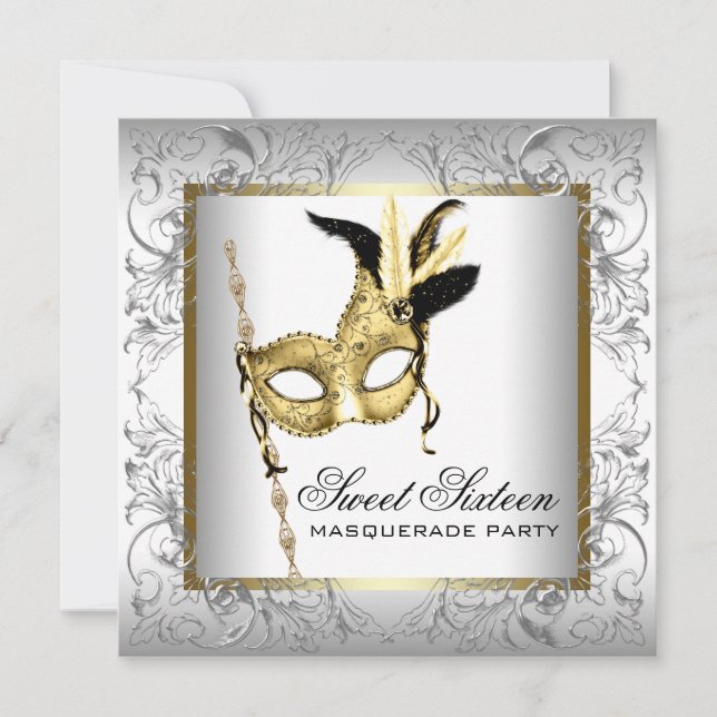 Gold Schwarz-weiß 16 . Geburtstag Masquerade Party Einladung (Vorderseite)