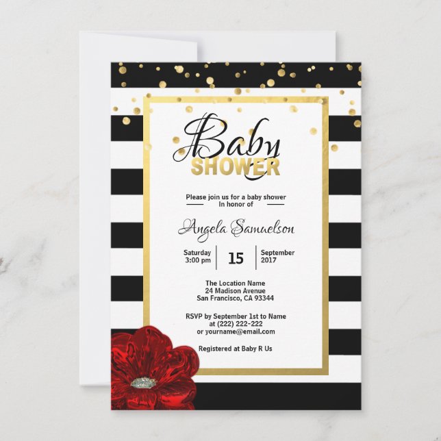 Gold Schwarz-weiß Floral Rote Rose Babydusche Einladung (Vorderseite)