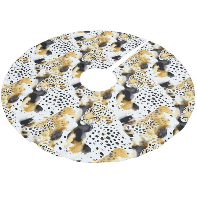 Gold Schwarz-weiß Leopards Polyester Weihnachtsbaumdecke (Schrägansicht)