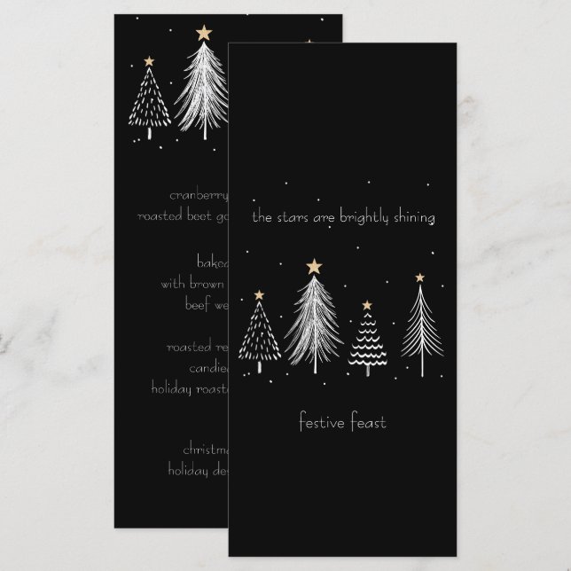 Gold, Schwarz, Weiß Moderne Weihnachtsbaumstars Menükarte (Vorne/Hinten)