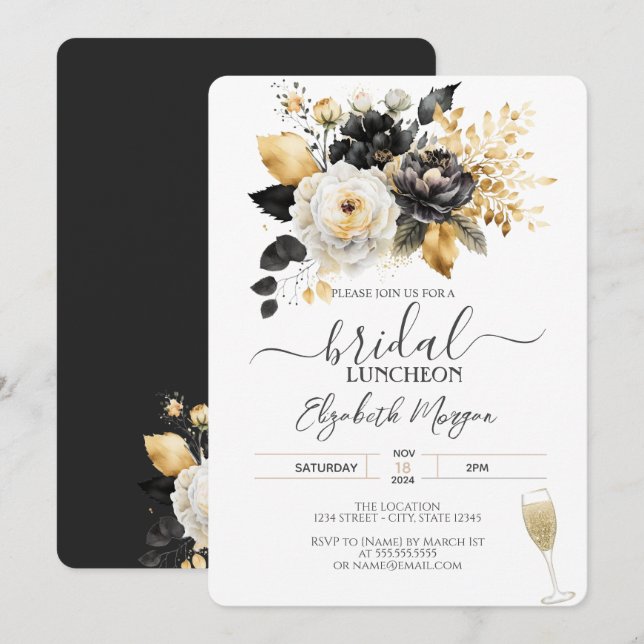 Gold Schwarz-weiße Blume Bridal Luncheon Einladung (Vorne/Hinten)