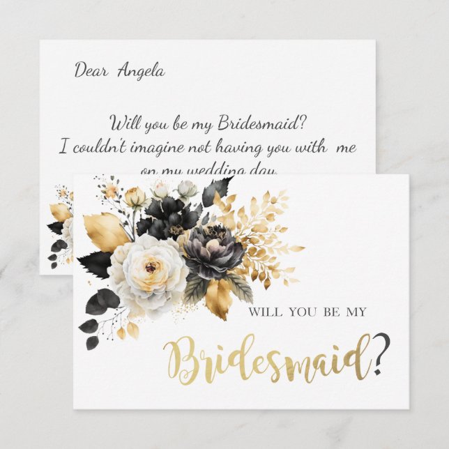 Gold Schwarz-weiße Blume Bridesmaid Card Einladung (Vorne/Hinten)