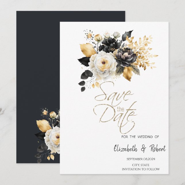 Gold Schwarz-weiße Blume Save the Date (Vorne/Hinten)