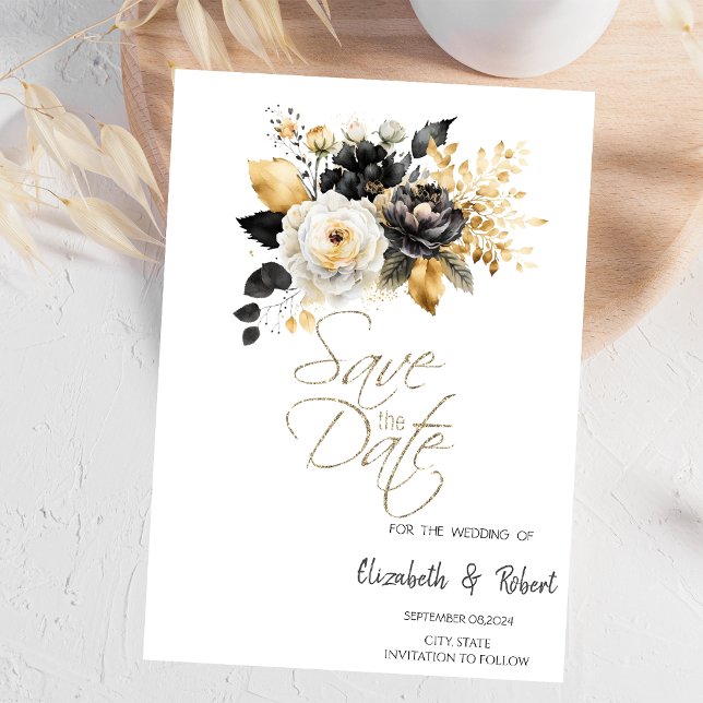 Gold Schwarz-weiße Blume Save the Date (Von Creator hochgeladen)