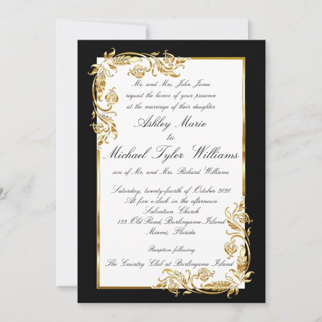 Gold Schwarz-weiße Elegante glamouröse Hochzeit Einladung (Vorderseite)