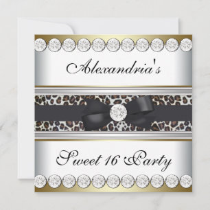 Gold Schwarz Weiße Leopard Süße 16 Party Einladung