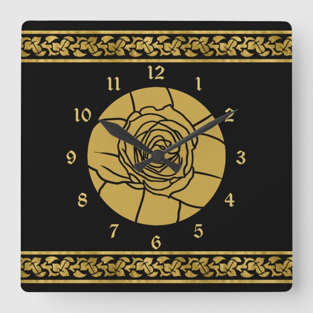 Gold Schwarze Rose Leaf Border Minimalistisch Squa Quadratische Wanduhr (Vorderseite)
