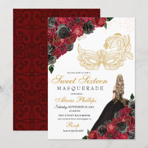 Gold Schwarze Rote Rosen Masquerade Sweet 16 Einladung