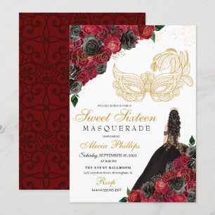 Gold Schwarze Rote Rosen Masquerade Sweet 16 Einladung