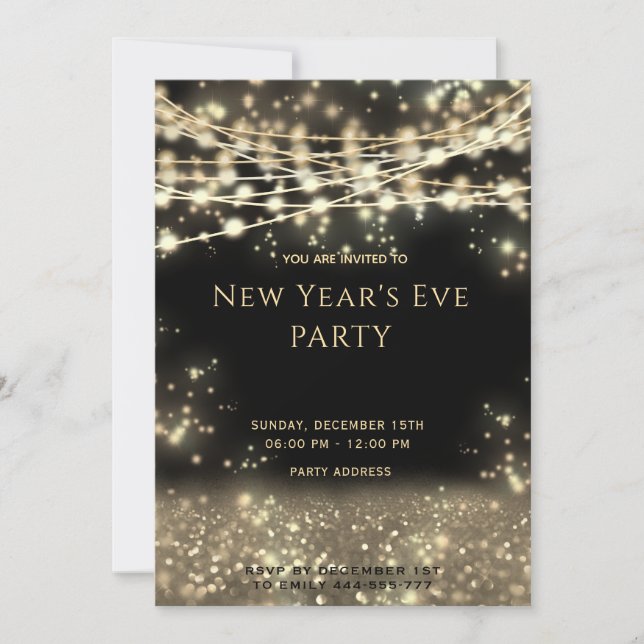 Gold schwarze Saitenleuchten Silvester Einladung (Vorderseite)