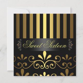 Gold/Schwarzer Streifen & Swirl Sweet 16 Einladung