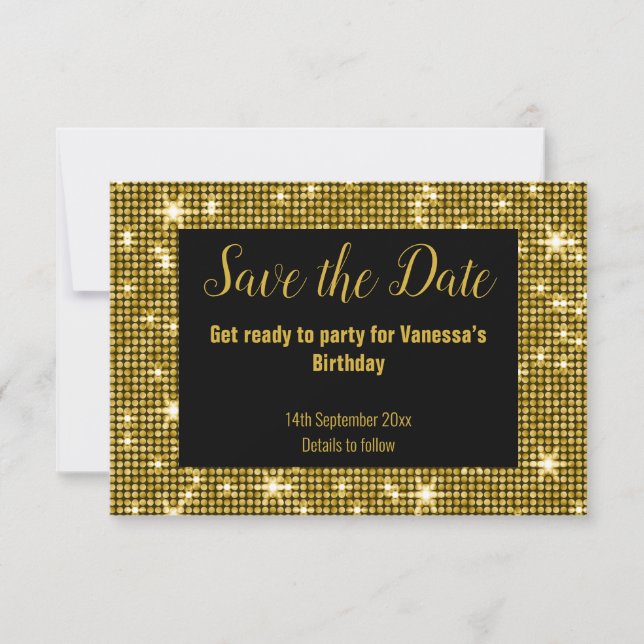 GOLD SCHWARZES DISCO-PARTY SAVE THE DATE SCHWARZ ANKÜNDIGUNG (Vorderseite)