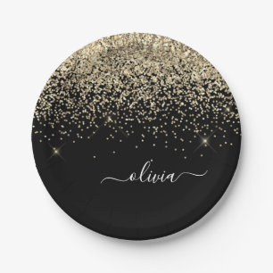 Gold Schwarzes Girly Glitter Monogramm Name Pappteller