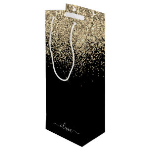 Gold-Schwarzes Glitter-Schriftzug-Monogramm Mädche Geschenktüte Für Weinflaschen