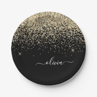 Gold Schwarzes Mädchen Glitter Funkeln Monogramm N Pappteller