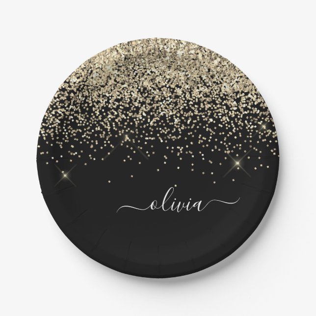 Gold Schwarzes Mädchen Glitter Funkeln Monogramm N Pappteller (Vorderseite)