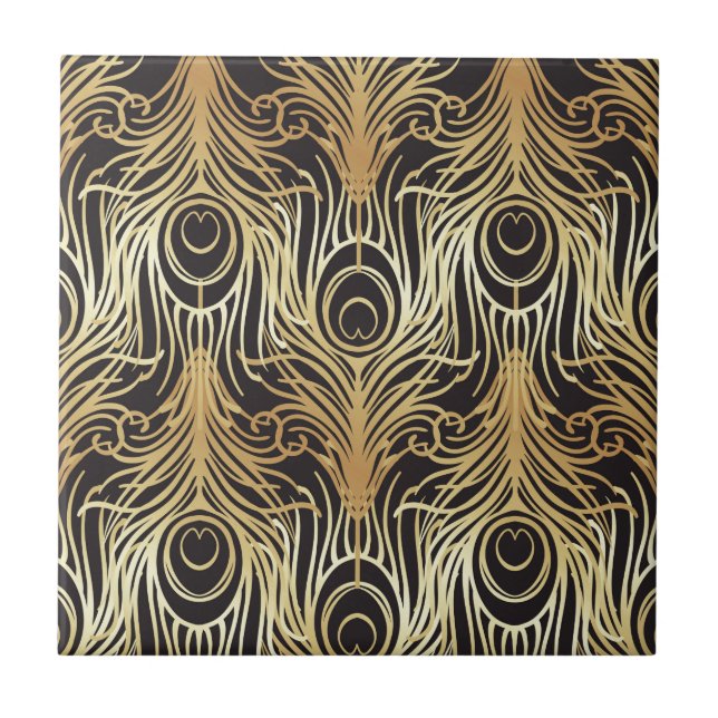 Gold, Schwarzes, Pfaumuster, Kunst nouveau, Fliese (Vorderseite)