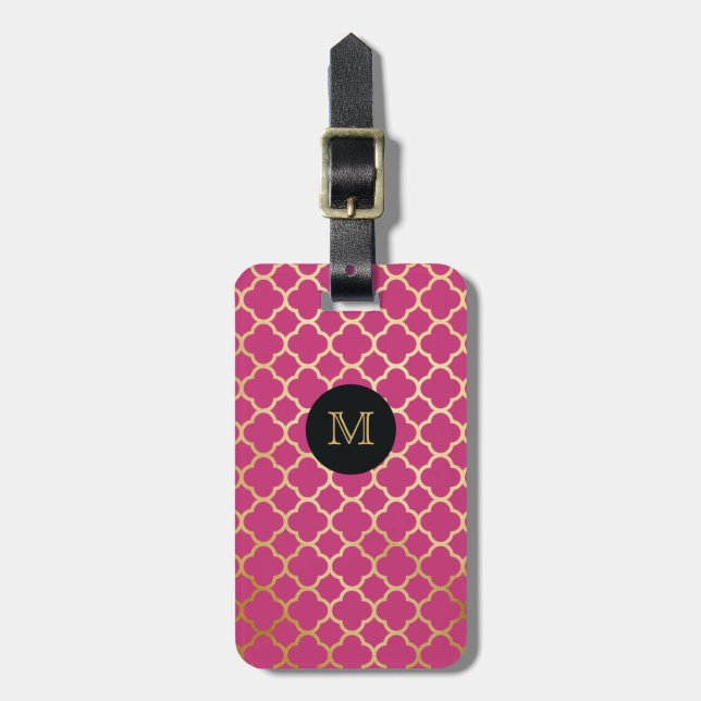 Gold-, Schwarzes u. Pink quatrefoil Gepäckanhänger (Vorderseite vertikal)