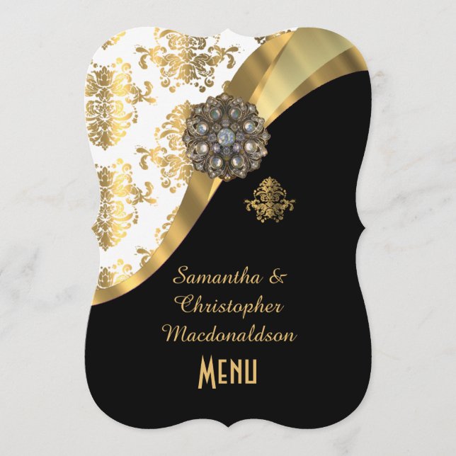 Gold, Schwarzweiss-Damasthochzeitsmenü Menükarte (Vorderseite)