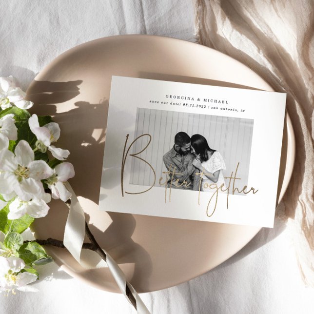 Gold Script 1 Foto Save the Date Verlobung Postkarte (Von Creator hochgeladen)