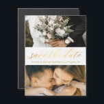 gold script 2 photos save the date magnet<br><div class="desc">save the date , gold chic calligraphy wedding 2 photos collage magnet</div>
