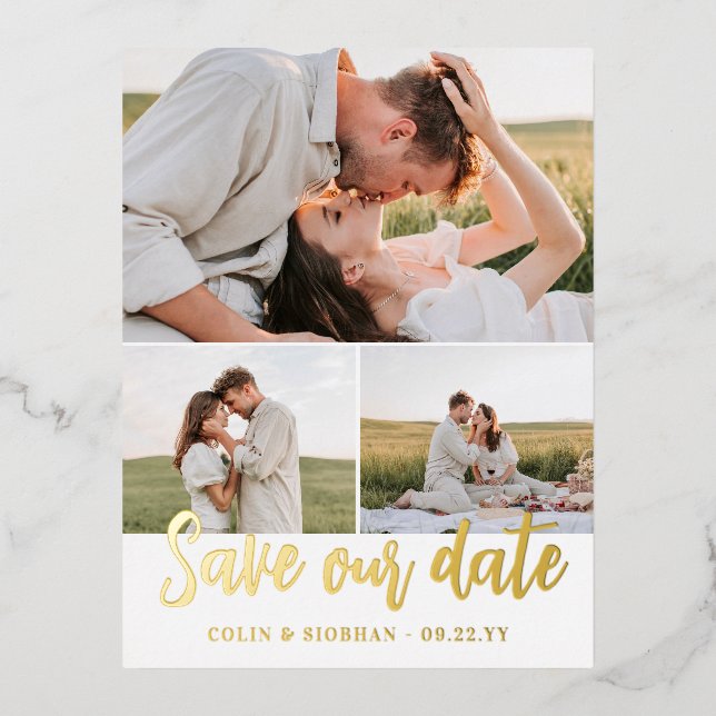 Gold Script 3 Fotos Hochzeit Rettete Unser Datum Folie Einladungspostkarte (Vorderseite)