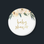 Gold Script Baby Dusche Rosa Blütenfarben Magnet<br><div class="desc">Dieser Magnet zeichnet sich durch "Babydusche" in einem modernen Drehbuch-Schriftart aus,  gerahmt von drei rot-rosa Blume und Goldkonfetti.</div>