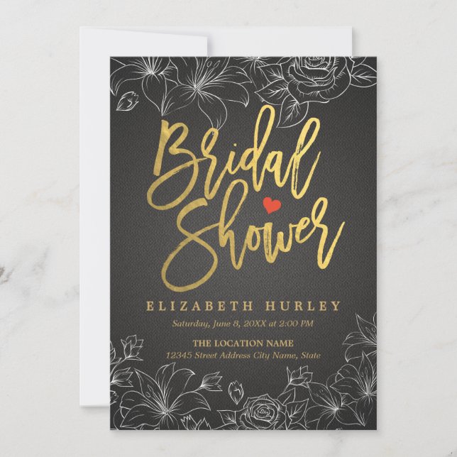 Gold Script Black Linen White Floral Brautparty Einladung (Vorderseite)