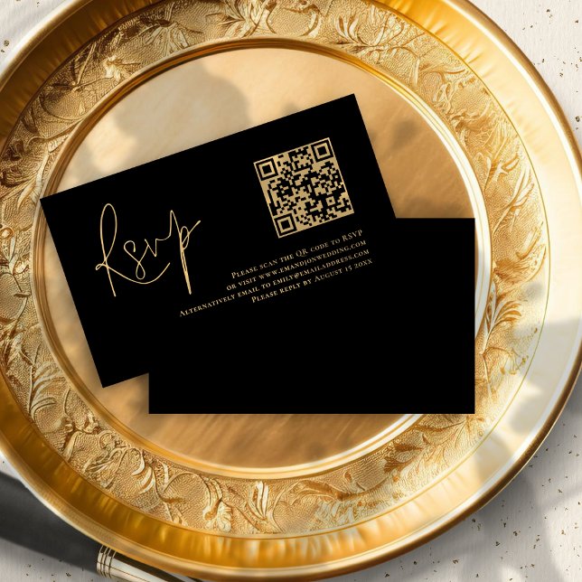 Gold Script Black QR Code Wedding RSVP Begleitkarte (Front and back view)