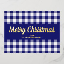 Gold Script Blue Gingham Frohe Weihnachten