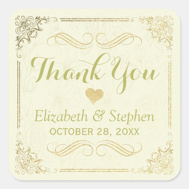 Gold Script Blumenrahmen Hochzeit Vielen Dank Quadratischer Aufkleber (Vorderseite)
